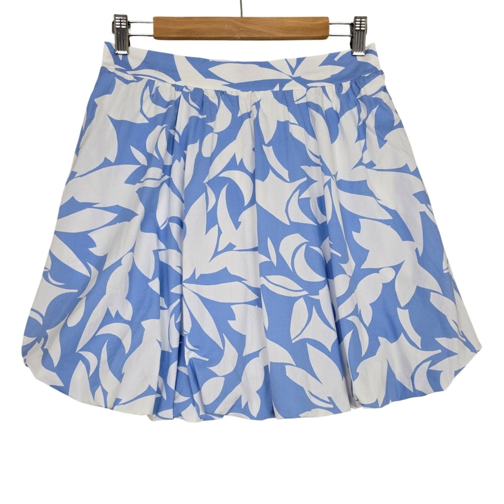 Monteau Los Angeles Women's Blue White Abstract Floral Bubble Skirt Pockets Sz L